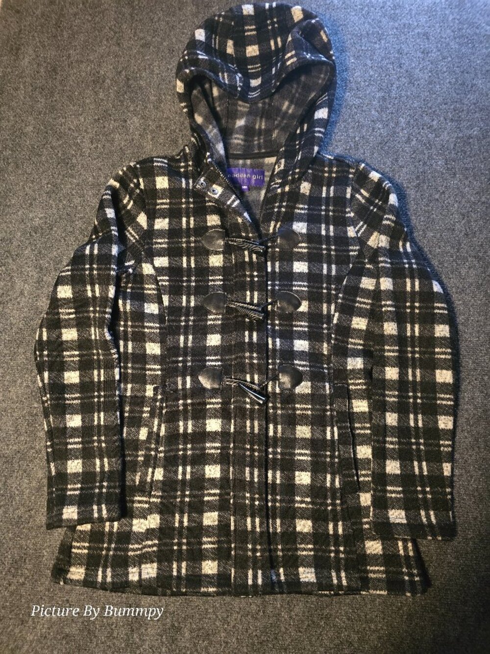 Madden Girl Black & White Plaid Hooded Duffle Toggle Jacket